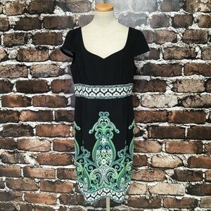 London Style Dress Midi Short Sleeves Black Green Floral 14